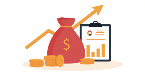 Cartoon image of money bag and chart going up