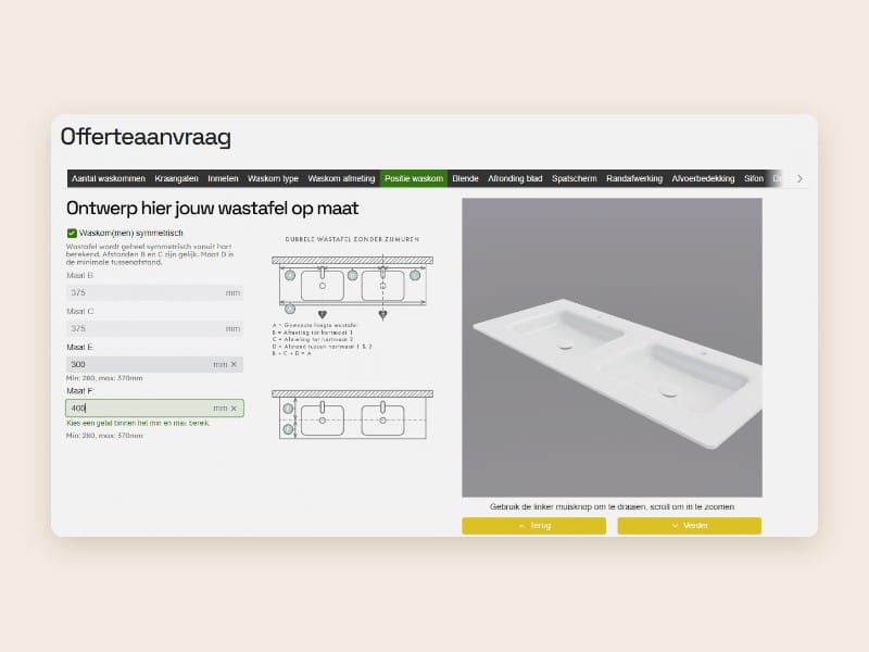 Configure price quote in Merkato: wastafel op maat configureren met maatvoering en 3D-preview voor een offerteaanvraag
