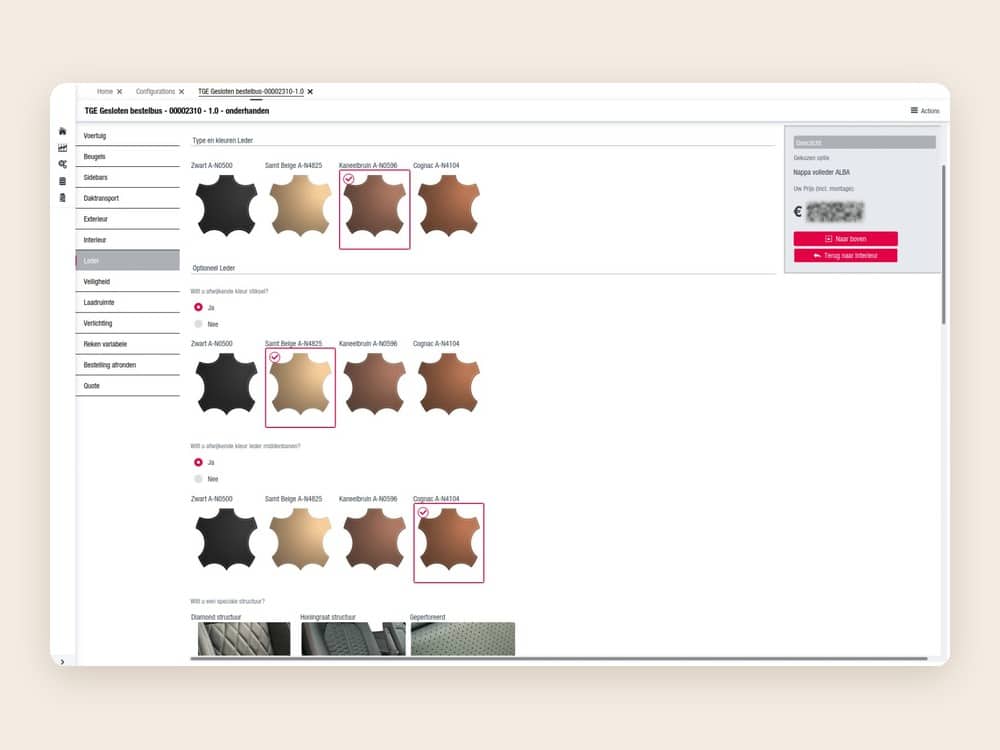 Guided selling in Merkato: stap voor stap het interieur van een bestelbus configureren met leerkleuren en prijsoverzicht