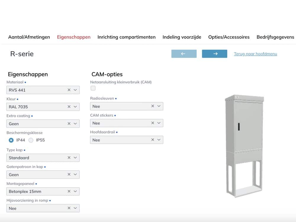 Guided Selling software van merkato: configuratie van een R-serie kast met eigenschappen en opties
