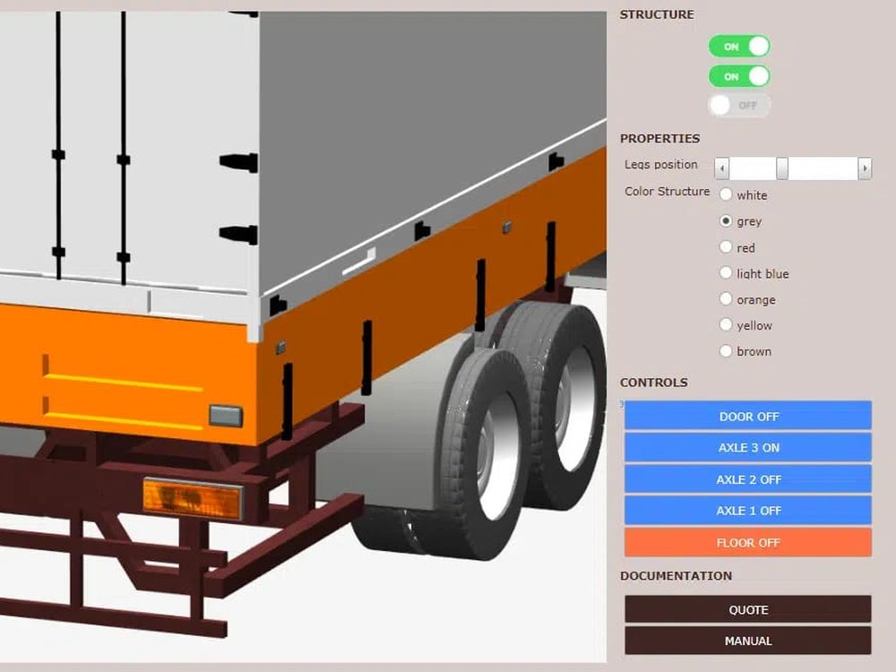 offerte calculatie software in Merkato: 3D-configuratie van een trailer met opties en offerteknop