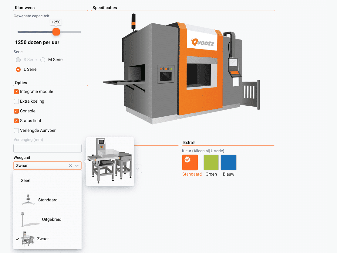 verkoop software configuratie van een machine op basis van capaciteit, opties en kleur
